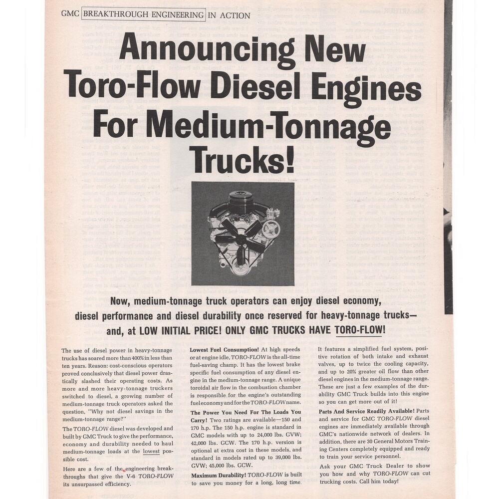 GMC Toro-Flow Diesel Engine Magazine Advertisement 1960 Vintage Truck Automotive